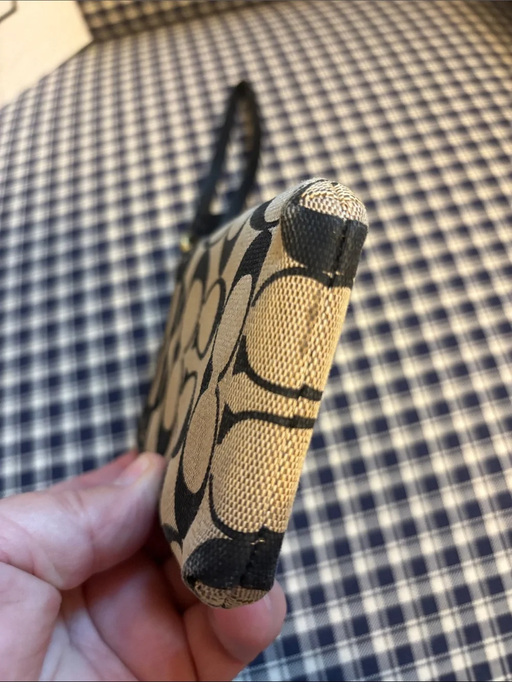 Coach Signature Canvas Phone Wristlet in Khaki and Black with Wrist Strap